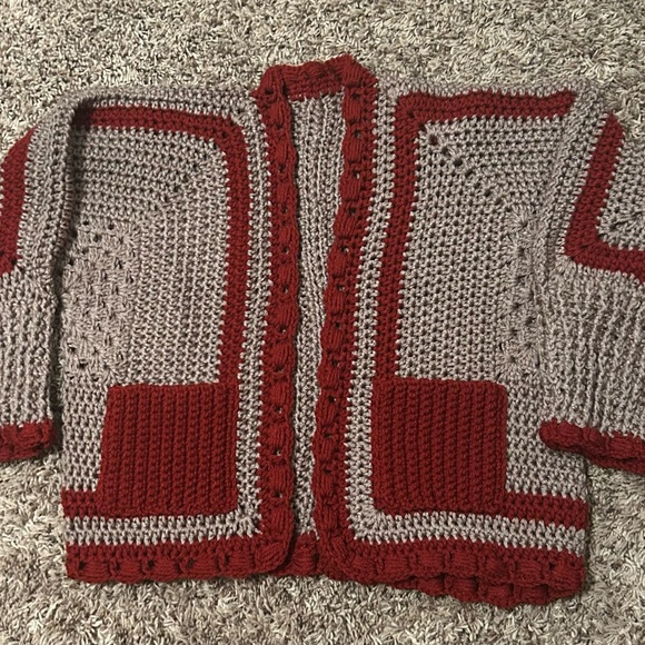 Handmade Red and Gray Crochet Cardigan